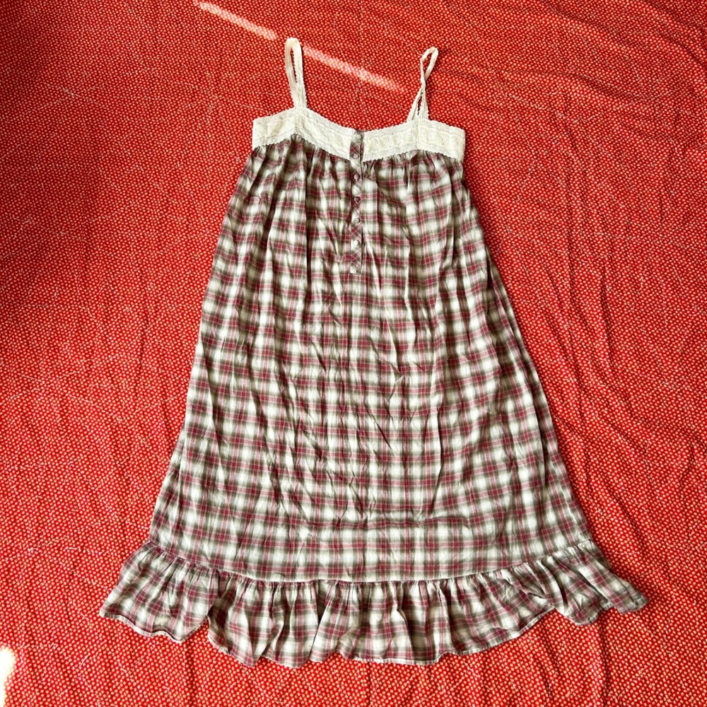 Vintage Victorias Secret Country Plaid Lace Trim Nightgown Dress Medium Red Tan